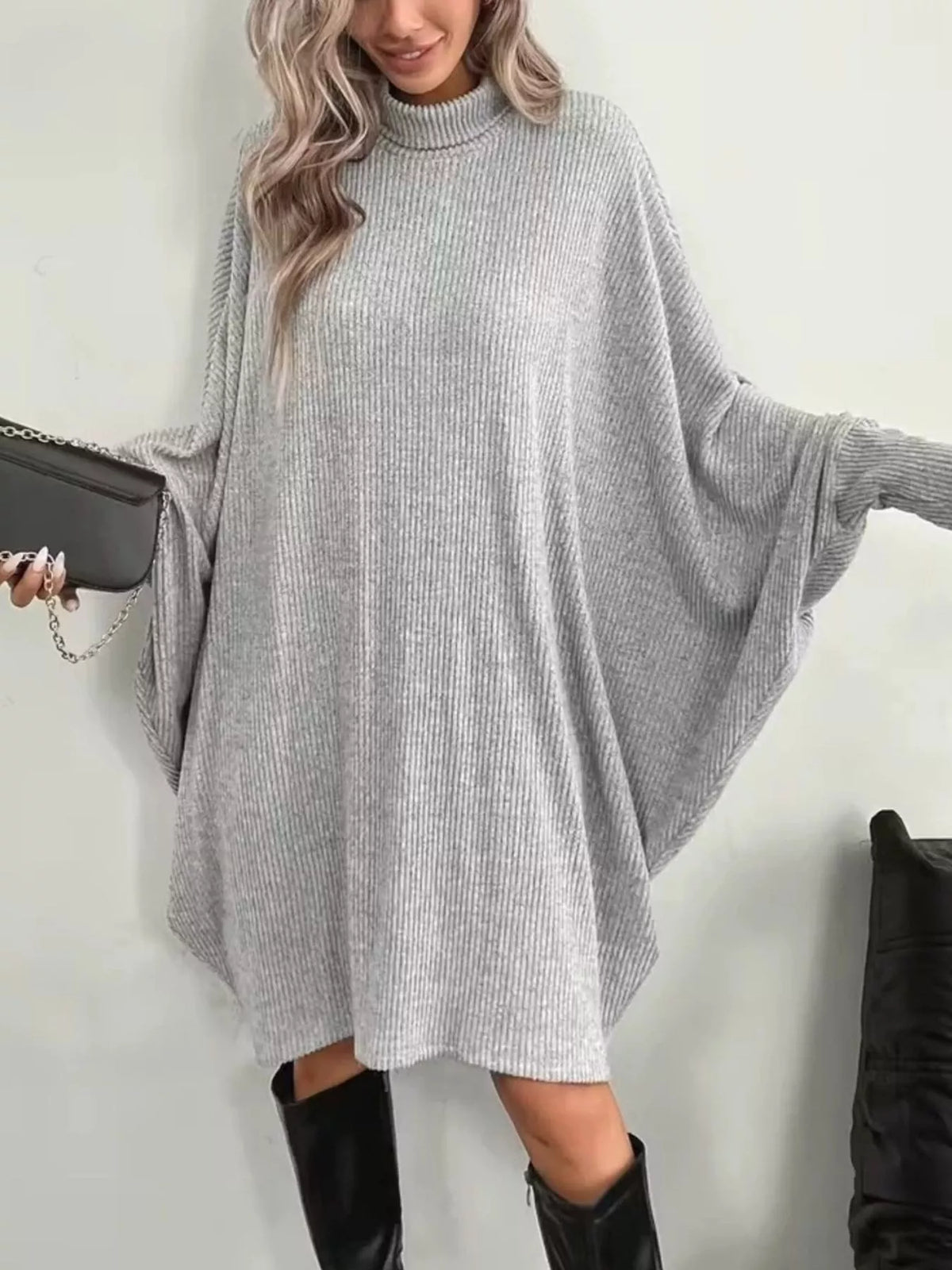 Oversized Batwing Sleeve Ribbed Knit Turtleneck Dress - Lilixa.store