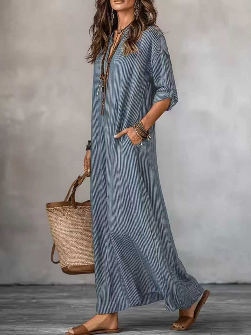 Full Size Striped Notched Maxi Dress with Pockets Plus Size - Lilixa.store