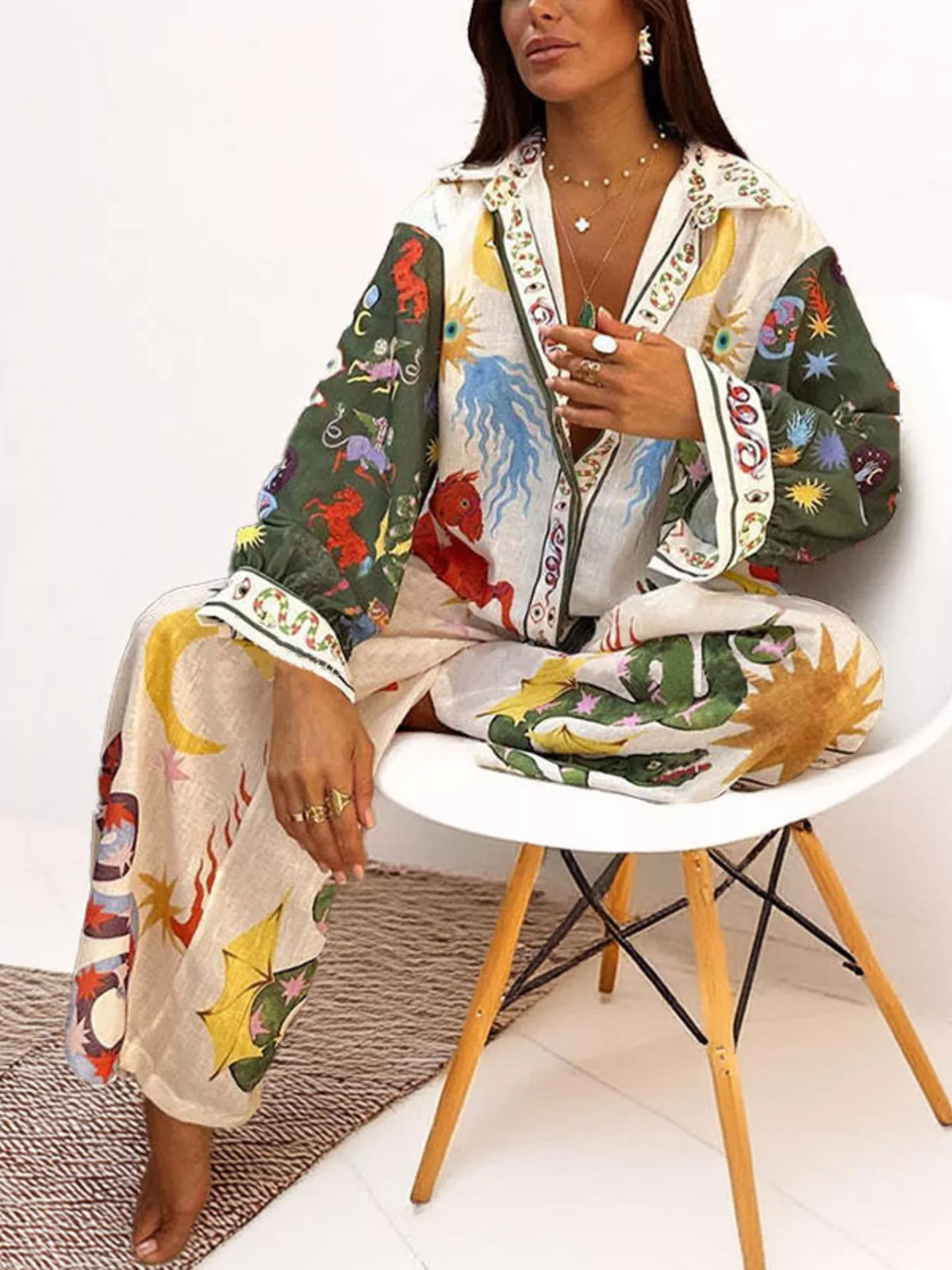 Full Size Printed Long Sleeve Shirt and Wide Leg Pants Set Plus Size in Multicolor