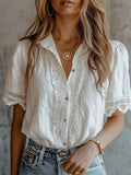 Lace-Trimmed Short Sleeve Button-Down Shirt - Lilixa.store