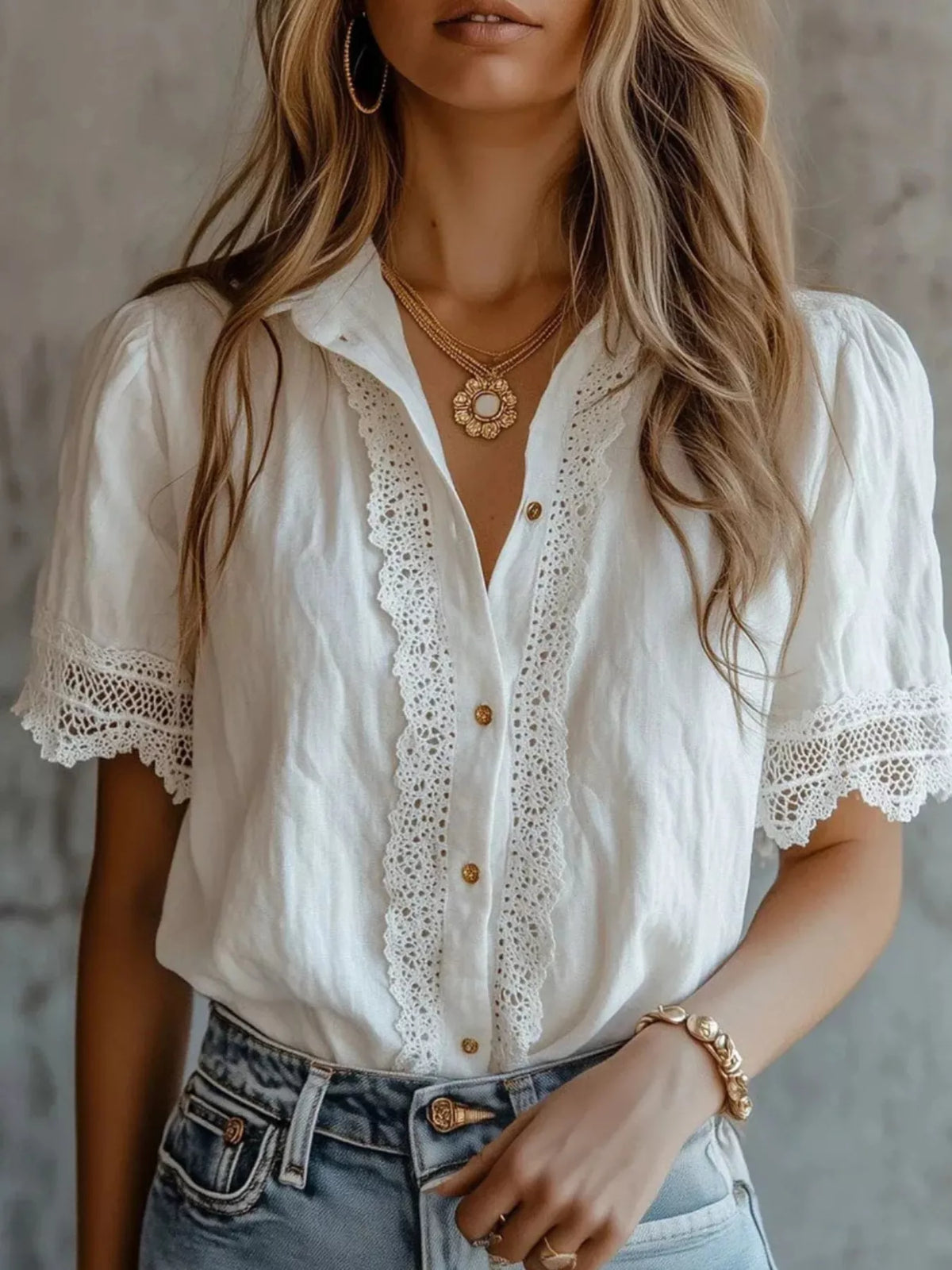 Lace-Trimmed Short Sleeve Button-Down Shirt - Lilixa.store