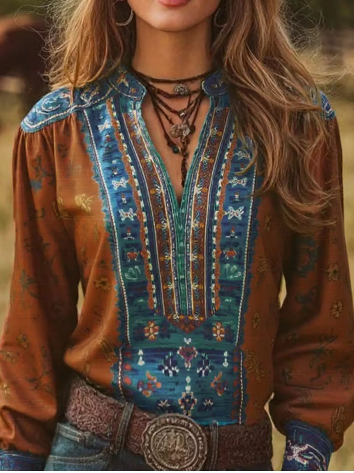 Printed Notched Long Sleeve Blouse in Brown
