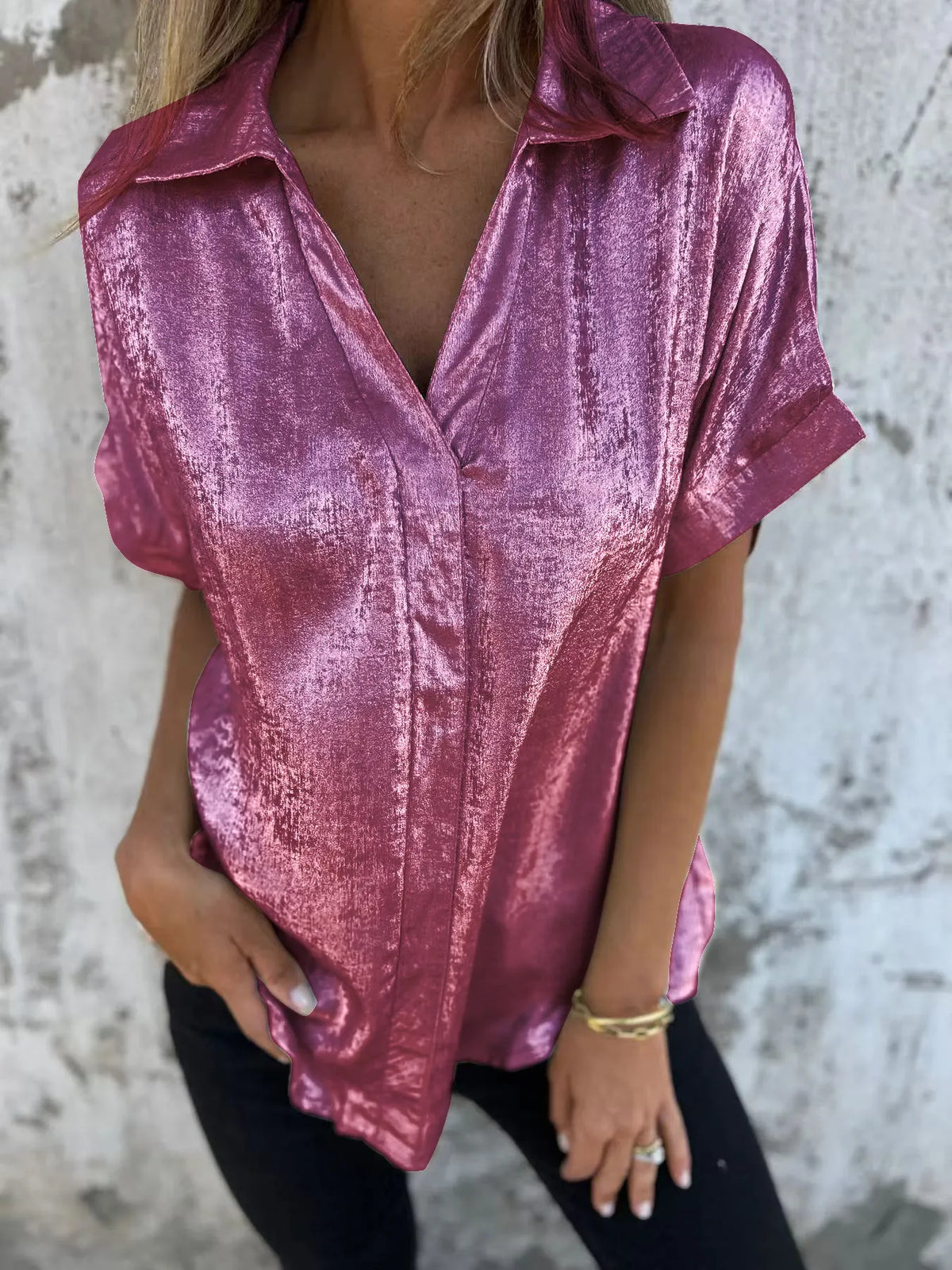 Full Size Collared Neck Short Sleeve Shirt Plus Size in Purple Red