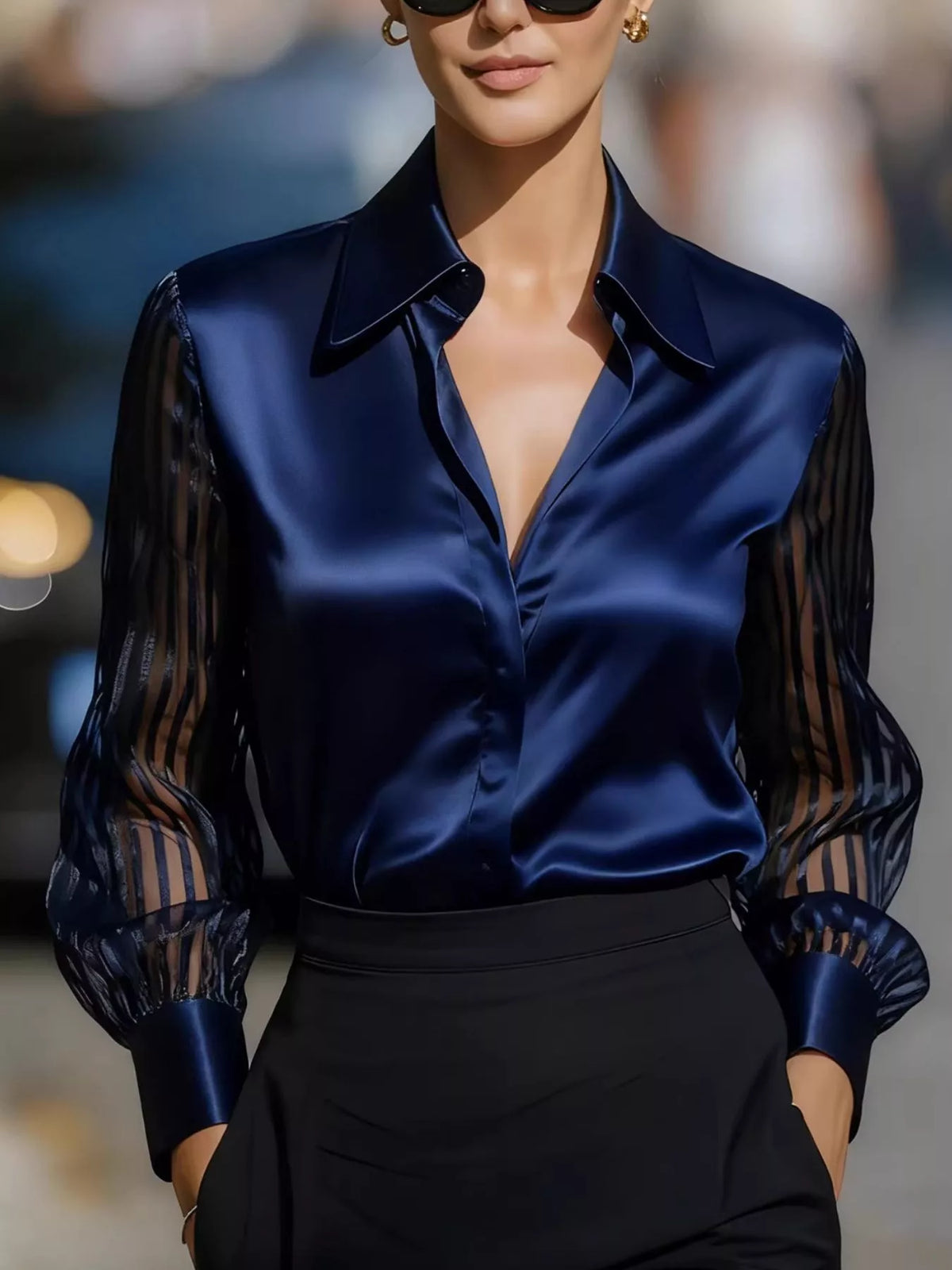 Elegant Shirt with Sheer Striped Sleeves in Navy