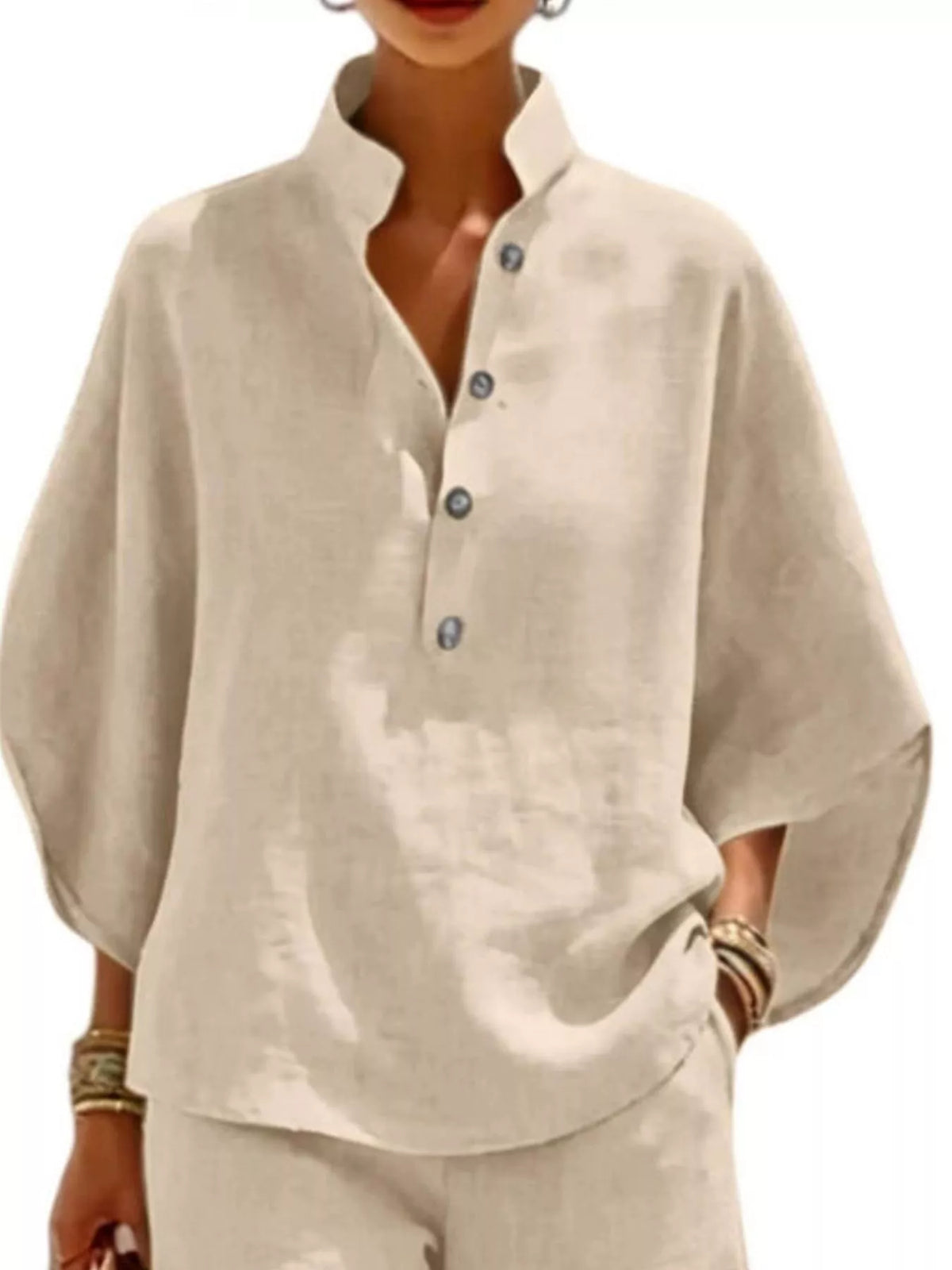 Full Size Button Detail Loose Fit Top and Shorts Set Plus Size