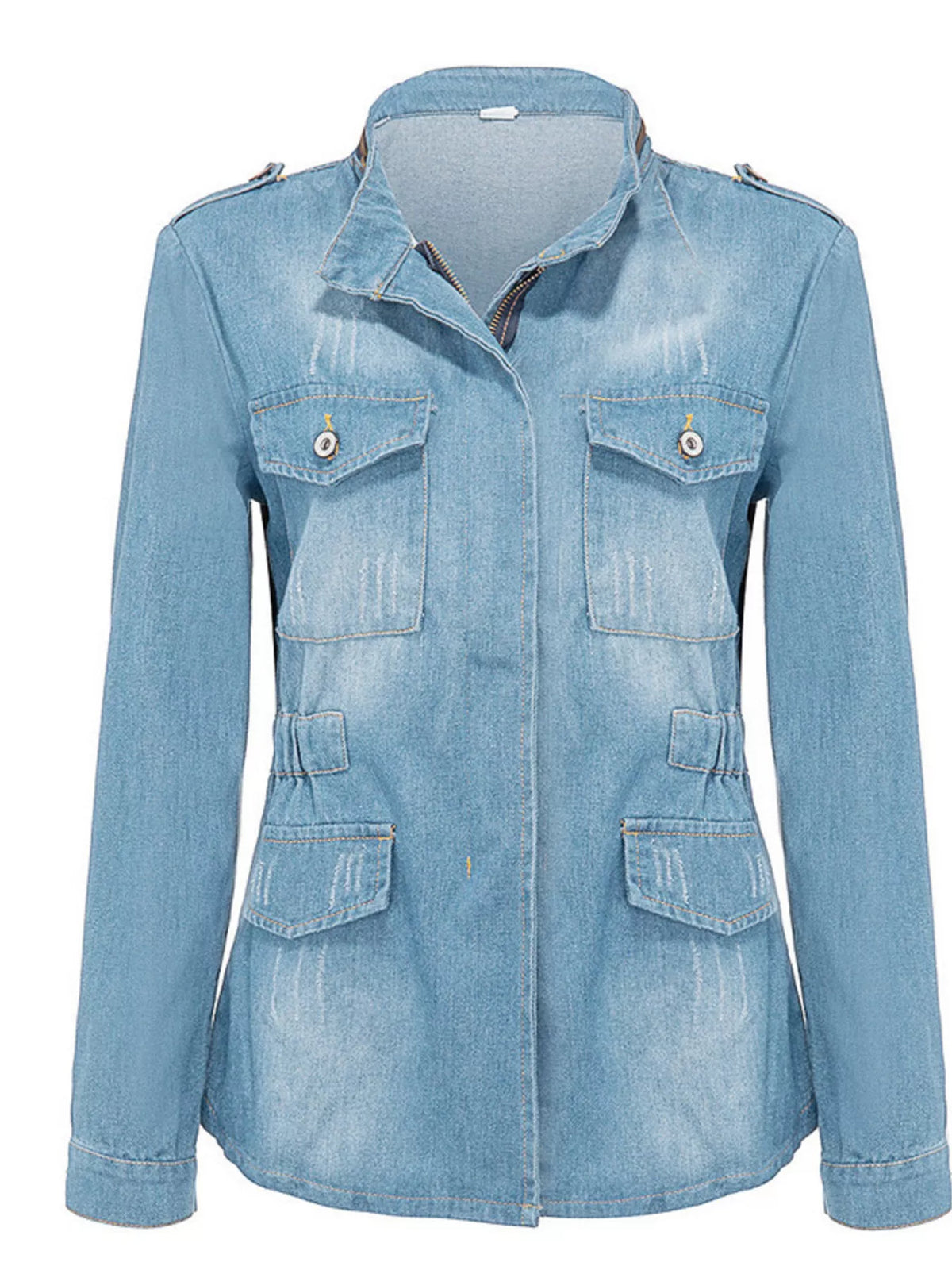 Full Size Chest Pocket Zip Up Denim Jacket Plus Size in Light Blue