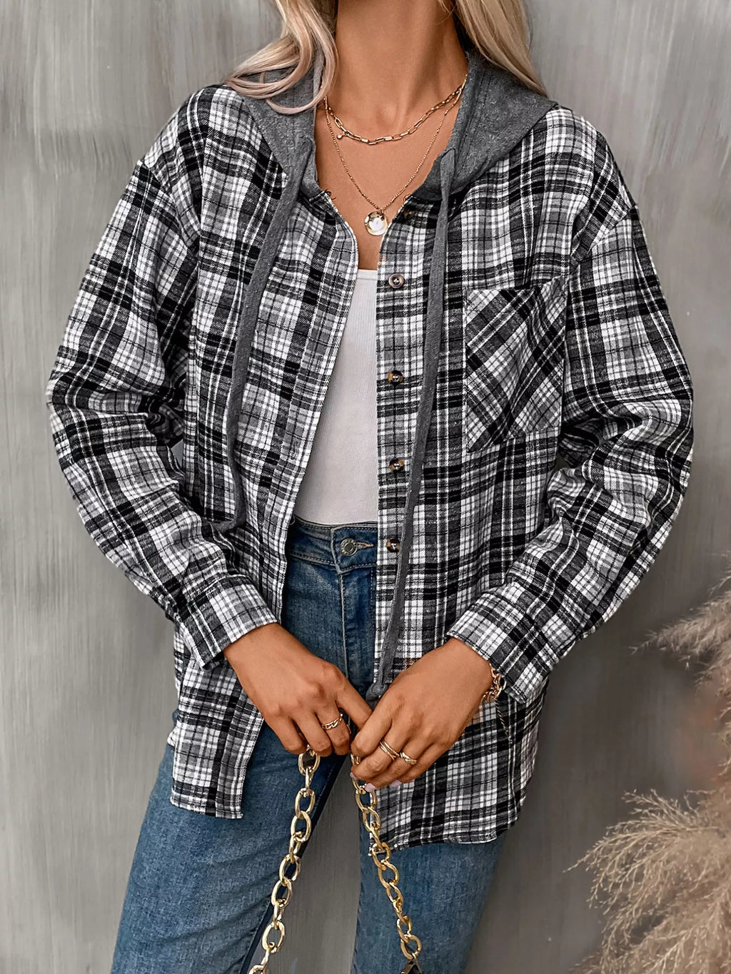 Plaid Button-Up Hooded Shirt with Chest Pocket - Lilixa.store