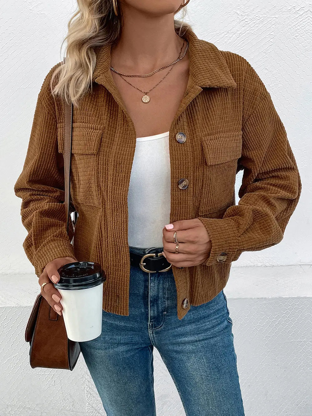 Perfee Collared Neck Button Front Jacket with Pockets in Camel, view 4