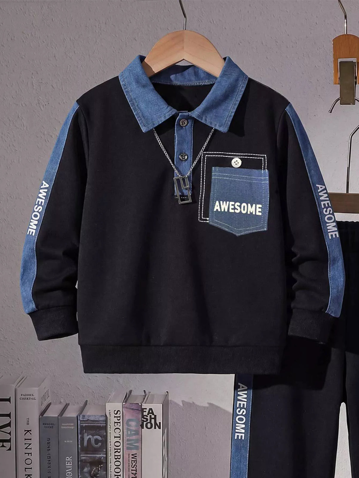 Children's Contrast Polo Shirt and Joggers Set in Black, view 4