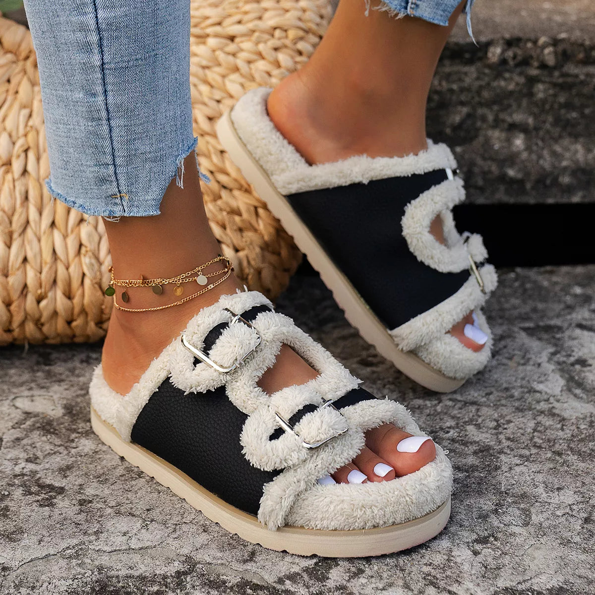 Buckle Decor Plush Lined Platform Slippers - Lilixa.store