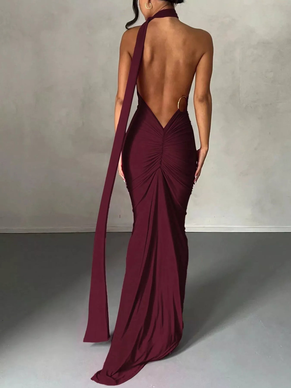Backless One-Shoulder Ruched Bodycon Maxi Dress - Lilixa.store