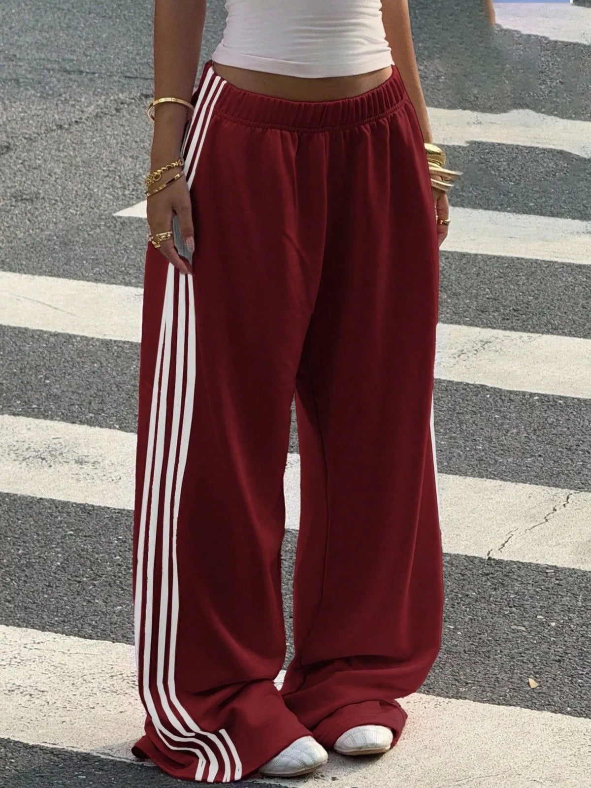 High-Waisted Wide-Leg Track Pants with Side Stripes in Burgundy