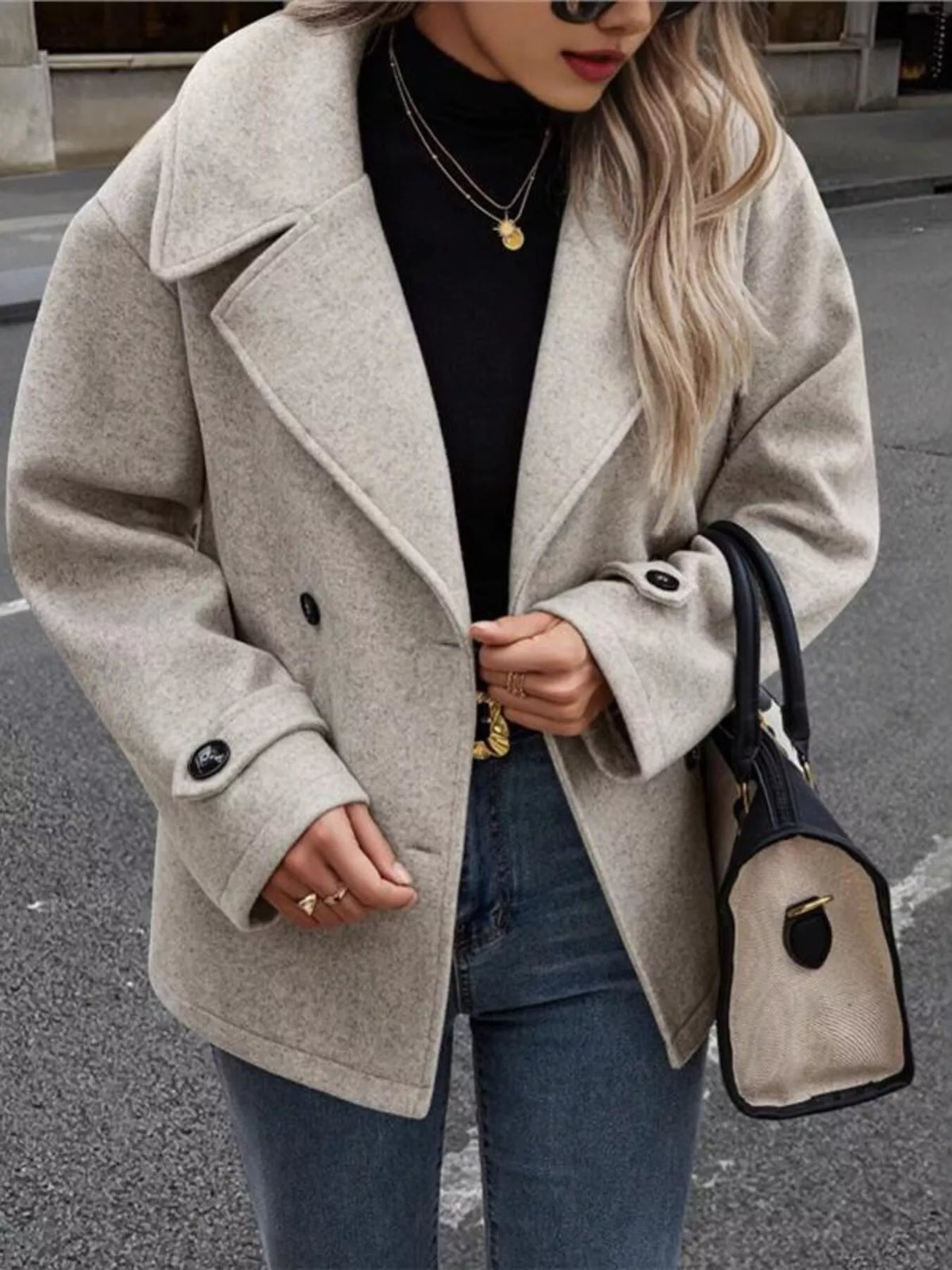 Double-Breasted Wool Blend Casual Jacket in Apricot