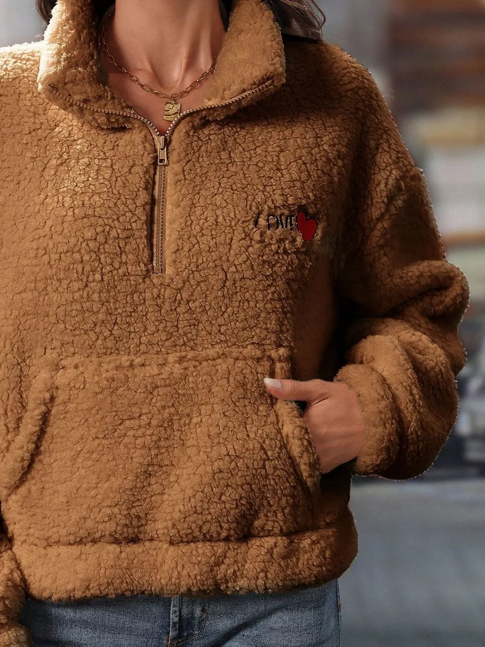 Heart Half Zip Long Sleeve Teddy Sweatshirt - Lilixa.store