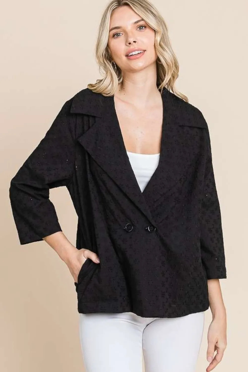 Culture Code Double Breasted Eyelet Jacket with Pockets in Black, view 4