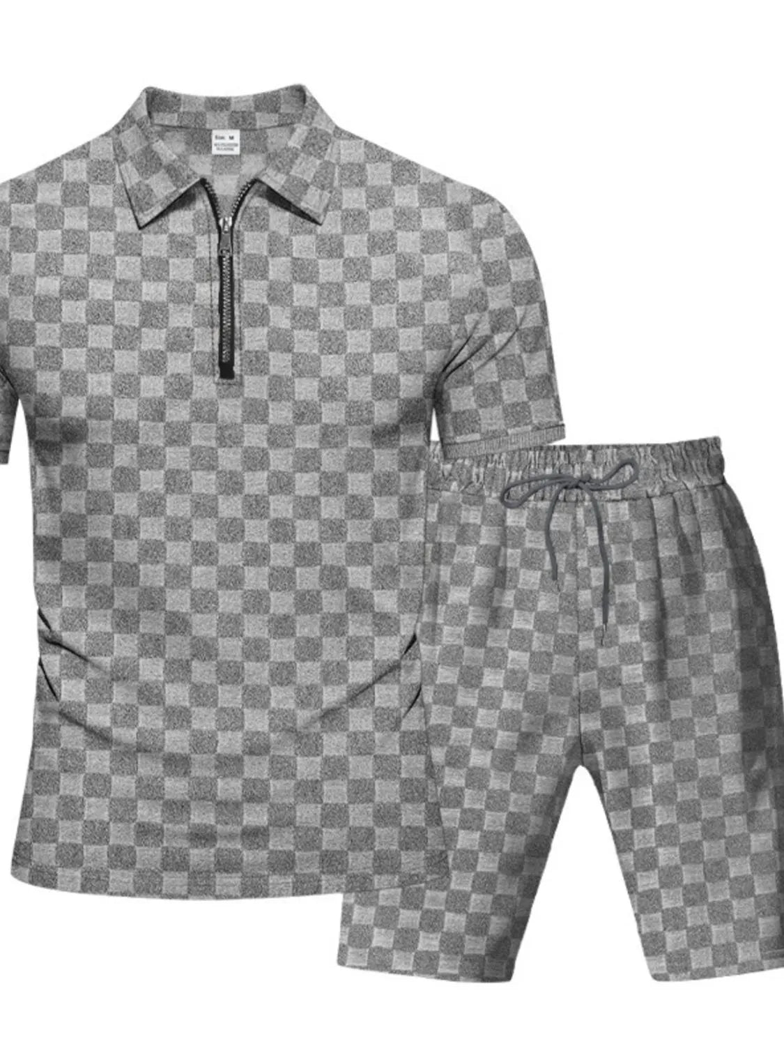 Men's Full Size Quarter Zip Short Sleeve Top and Shorts Set Plus Size in Grey