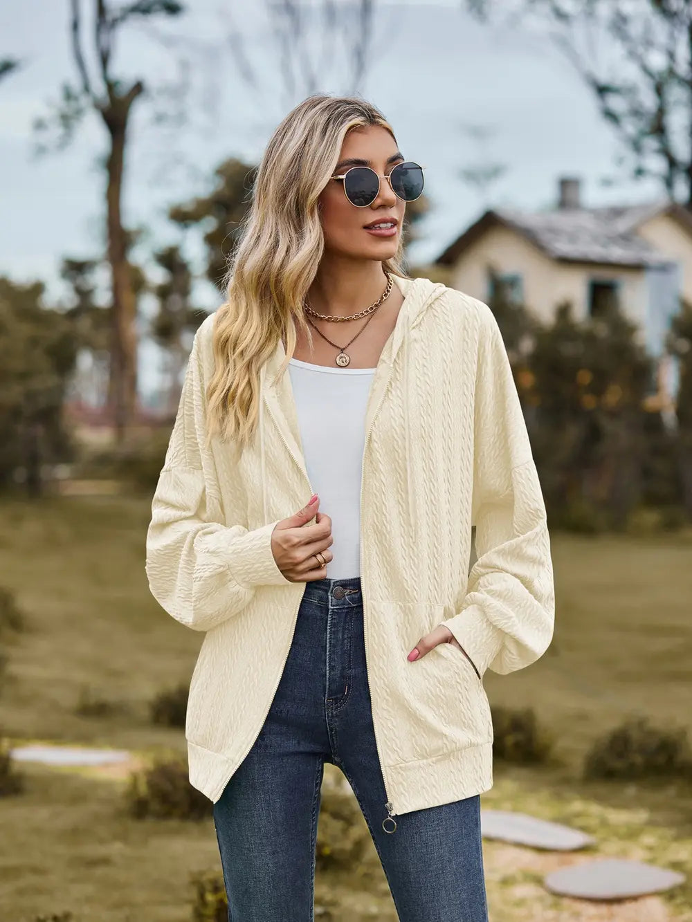Zip Up Drawstring Long Sleeve Hooded Jacket in Pastel Yellow