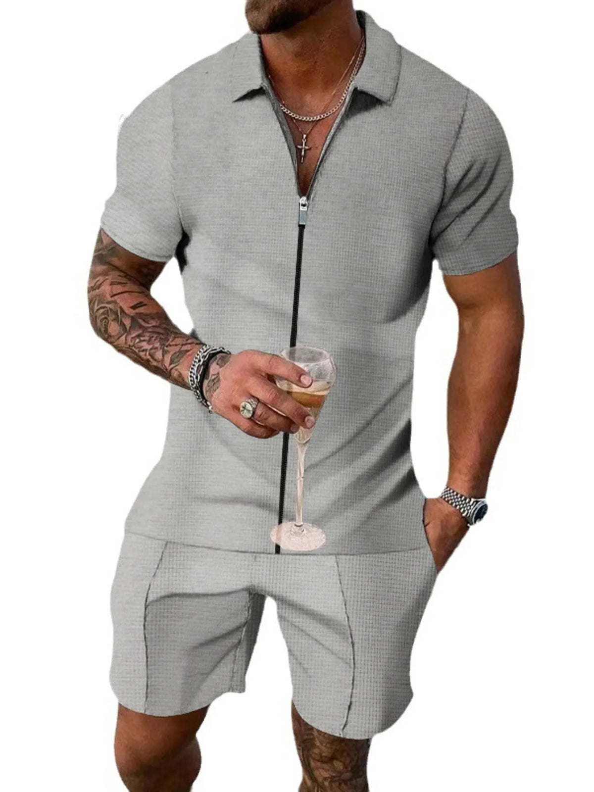 Men's Plus Size Zip Up Short Sleeve Top and Shorts Set in Light Gray