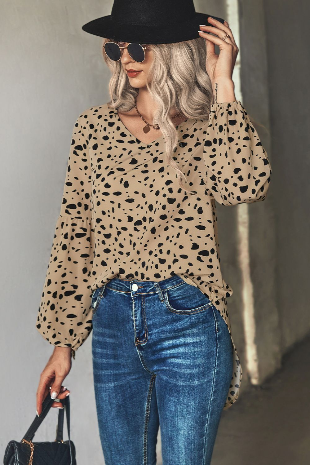 Animal Print V-Neck High-Low Blouse in Khaki