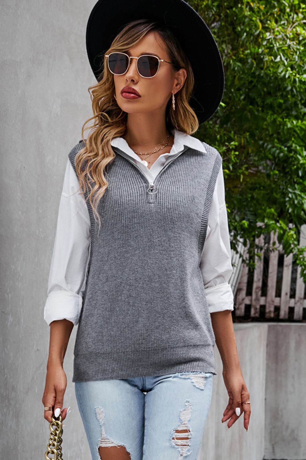 Quarter-Zip Ribbed Sweater Vest in Dark Gray