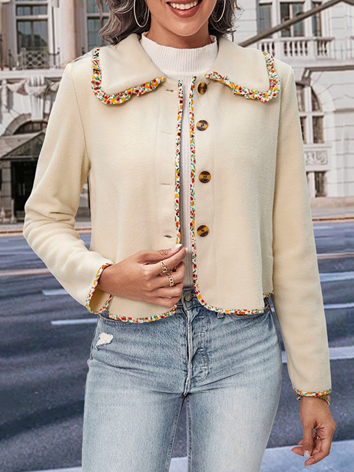 Perfee Collared Neck Button-Down Long Sleeve Jacket in Cream