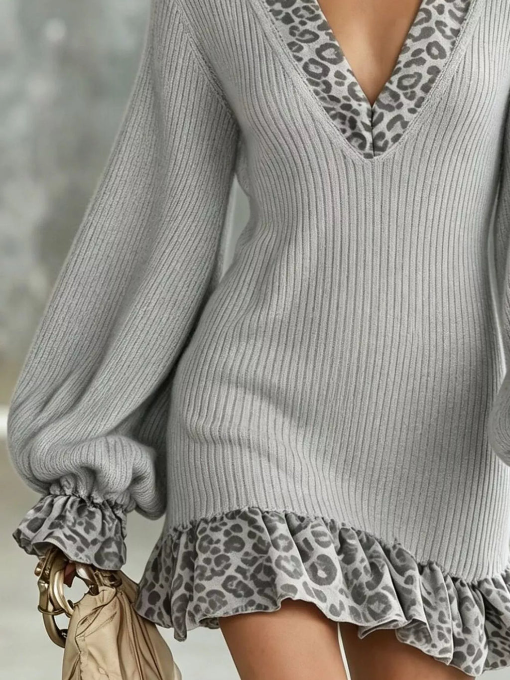 Leopard Print Ruffled Trim Knit Dress - Lilixa.store