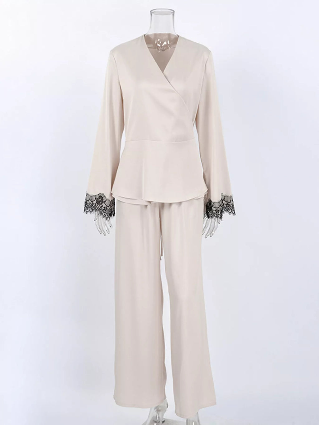 Lace Trim Wrap Top and Pants Set - Lilixa.store