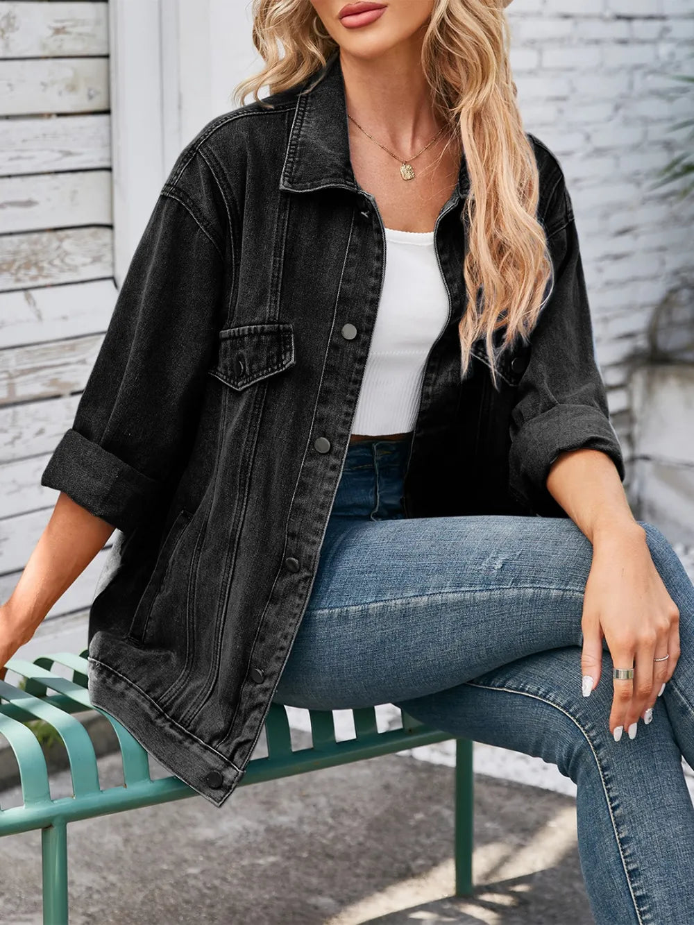 Button Up Long Sleeve Denim Jacket, view 7