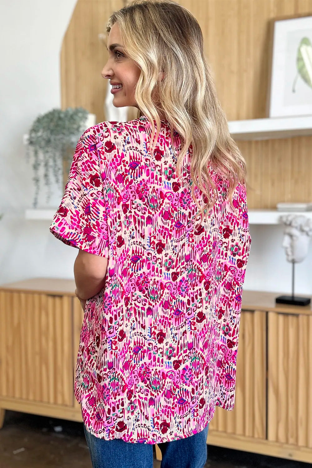 Double Take Full Size Printed V-Neck Short Sleeve Blouse - Lilixa.store