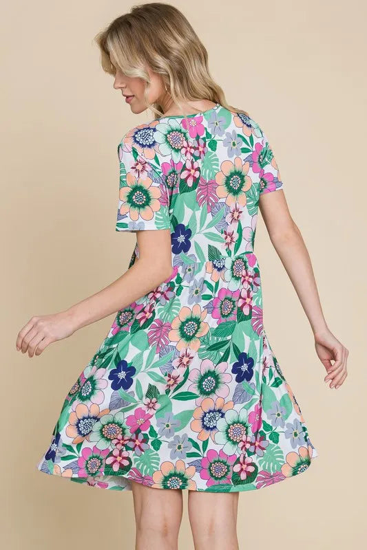 BOMBOM Ruched Floral V-Neck Short Sleeve Dress - Lilixa.store