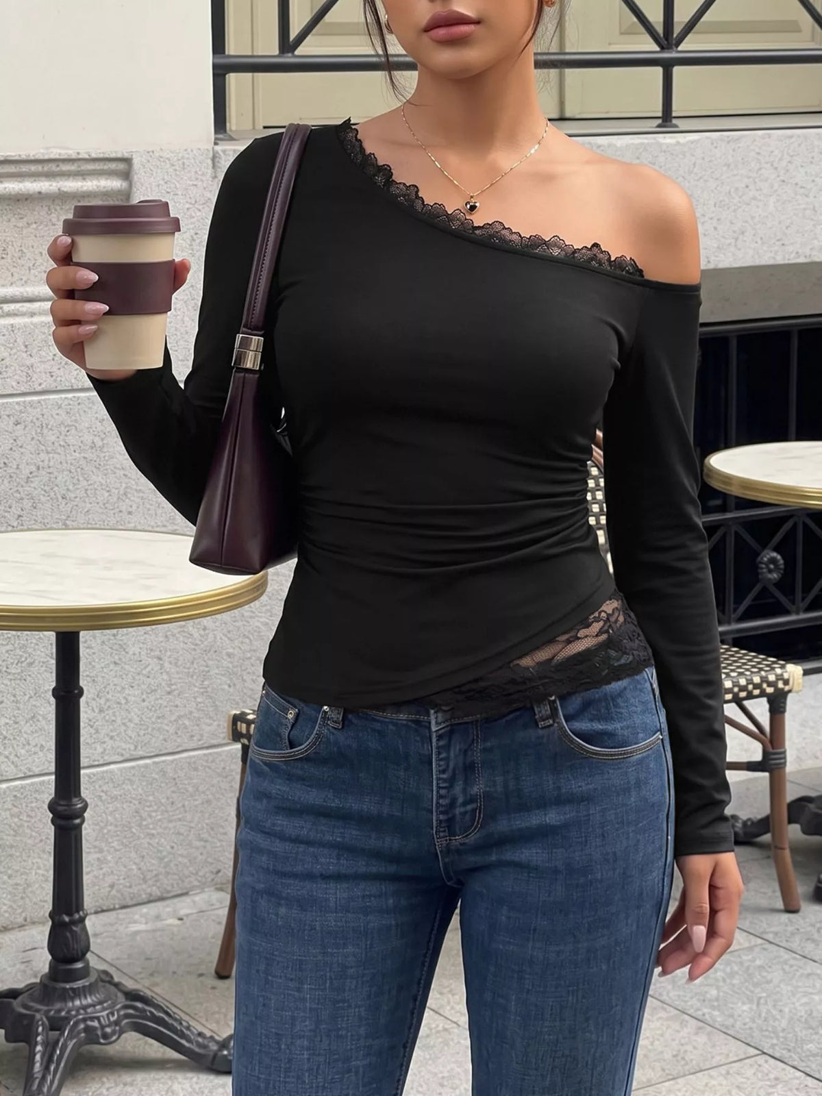 One-Shoulder Lace Trim Slim Fit T-Shirt - Lilixa.store