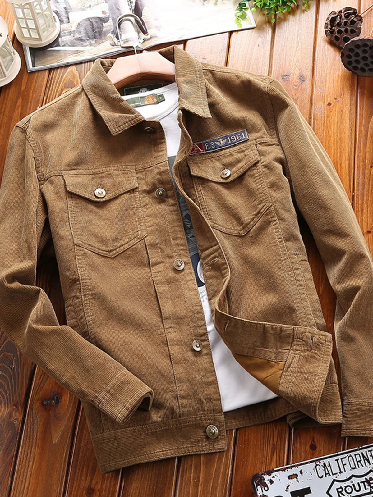 Men's Plus Size Button Up Long Sleeve Jacket in Khaki