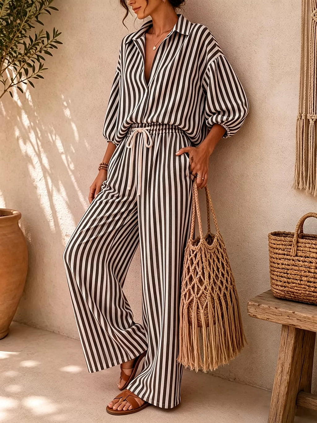 Striped Collared Shirt and Wide-Leg Drawstring Pants Set - Lilixa.store