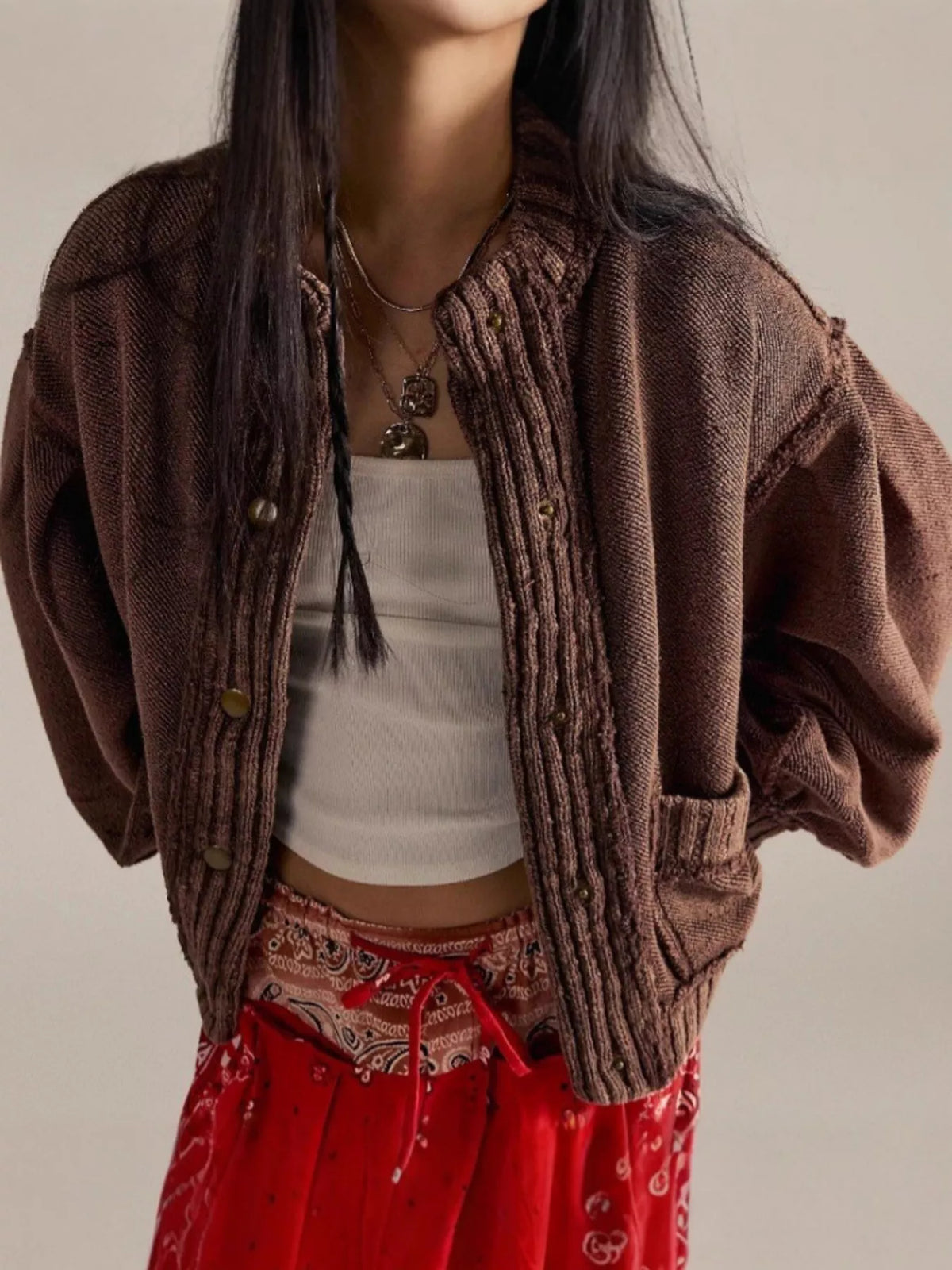 Snap Down Dropped Shoulder Cardigan - Lilixa.store