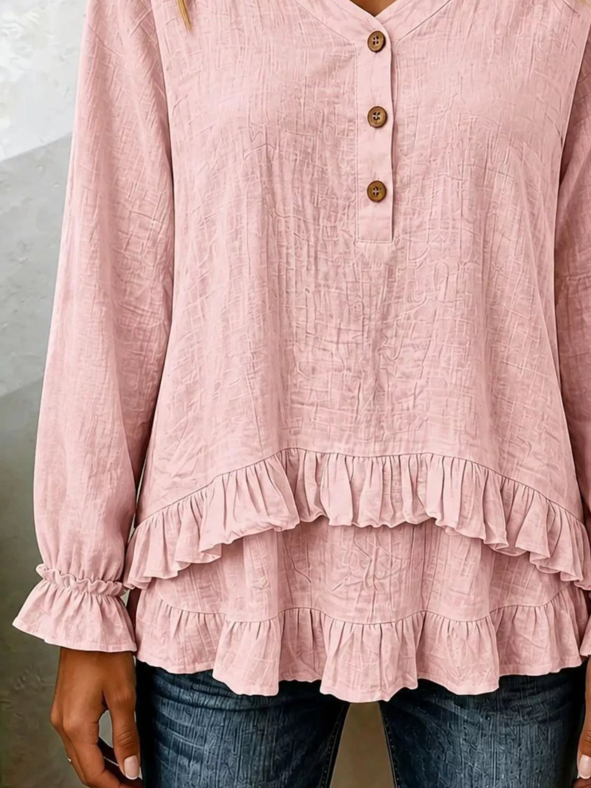 Ruffled Hem Long Sleeve Blouse - Lilixa.store