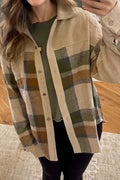 Retro Plaid Corduroy Patchwork Shacket in Tan