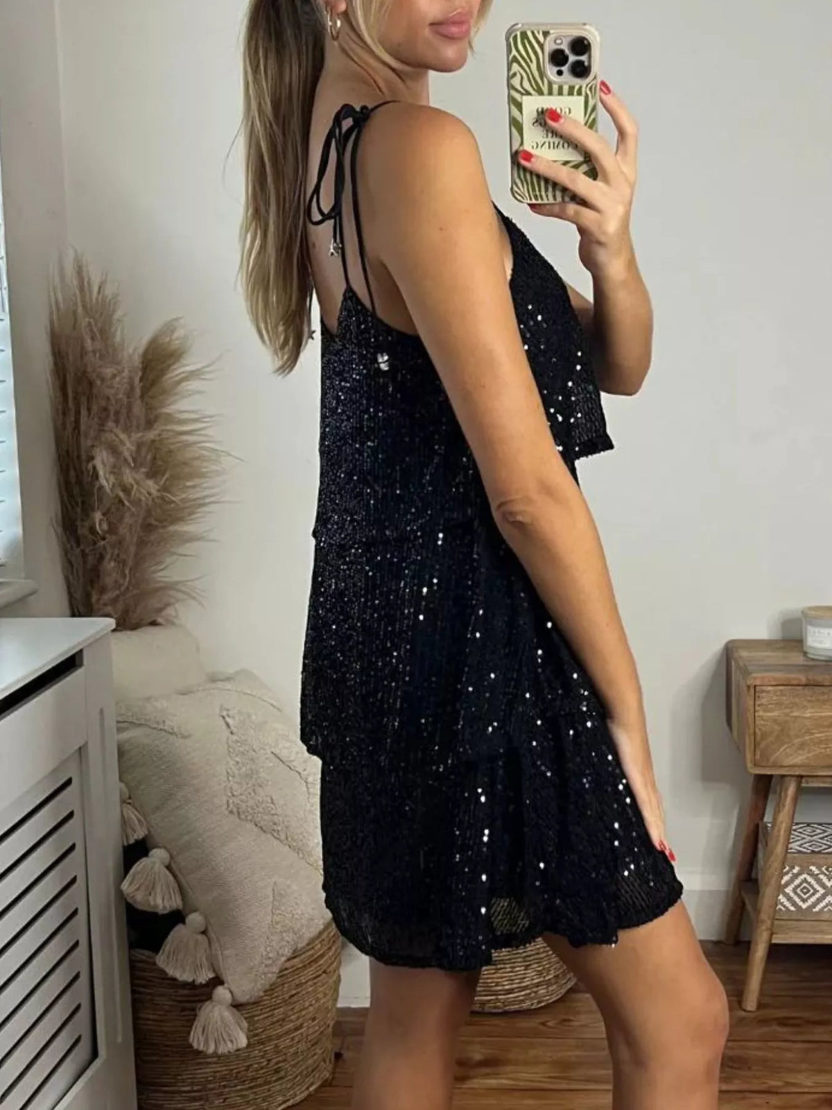 Full Size Sequin Tie Shoulder Mini Dress Plus Size - Lilixa.store