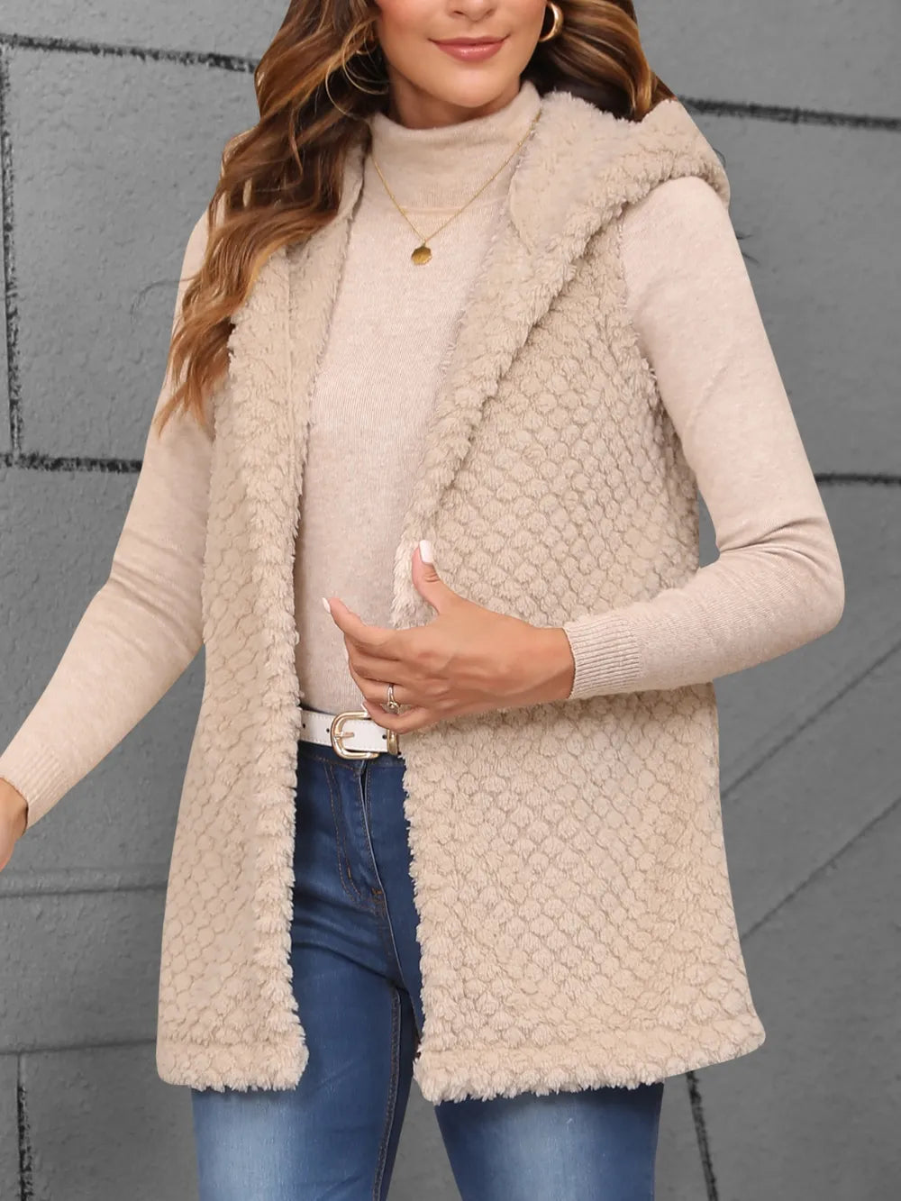Texture Solid Color Hooded Vest Coat in Dust Storm, view 4