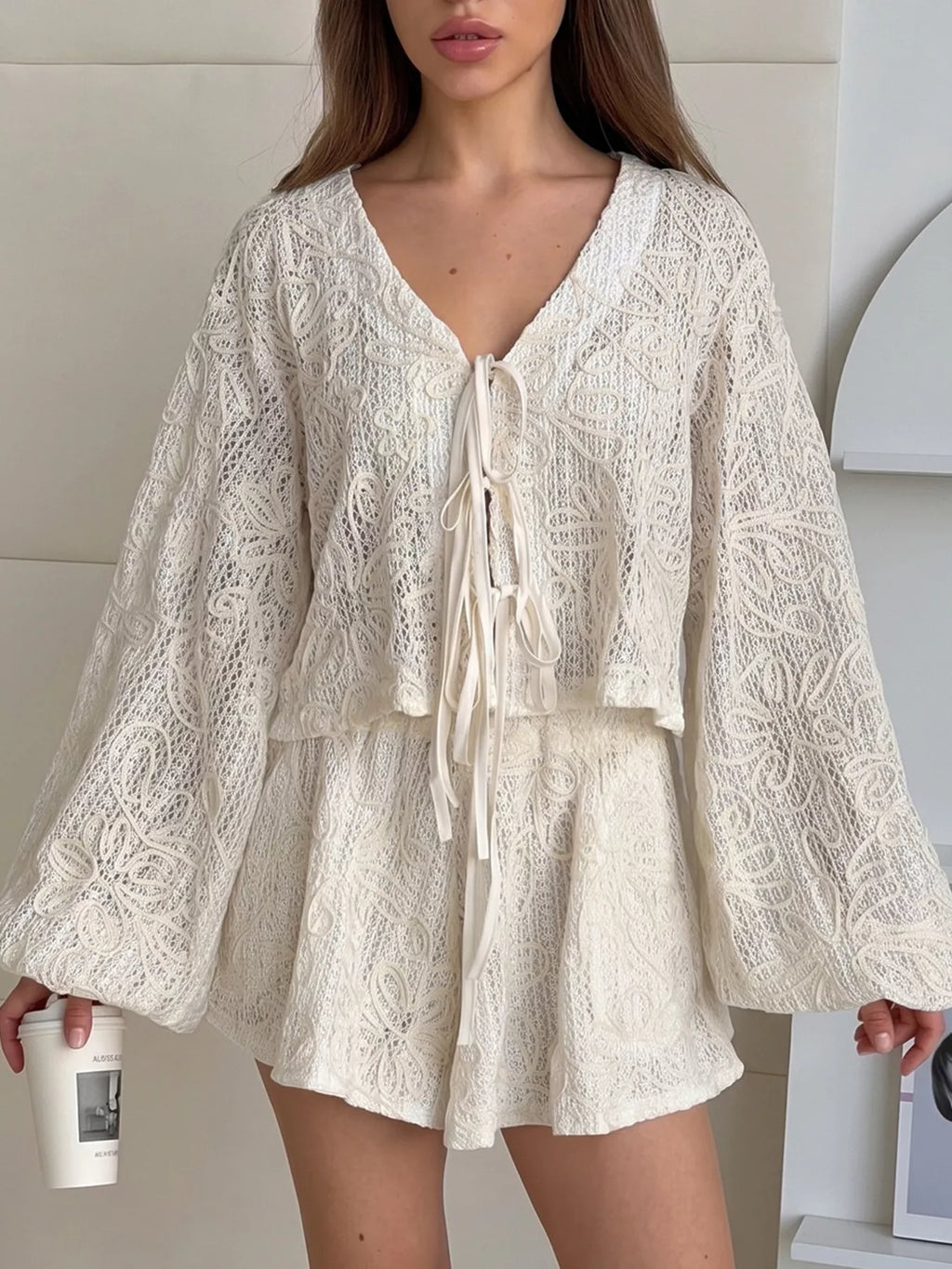Lace Crochet Tie Front Top and Shorts Two-Piece Lounge Set - Lilixa.store