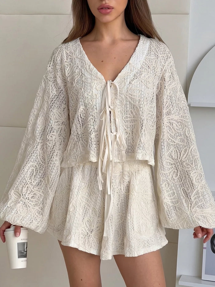 Lace Crochet Tie Front Top and Shorts Two-Piece Lounge Set - Lilixa.store