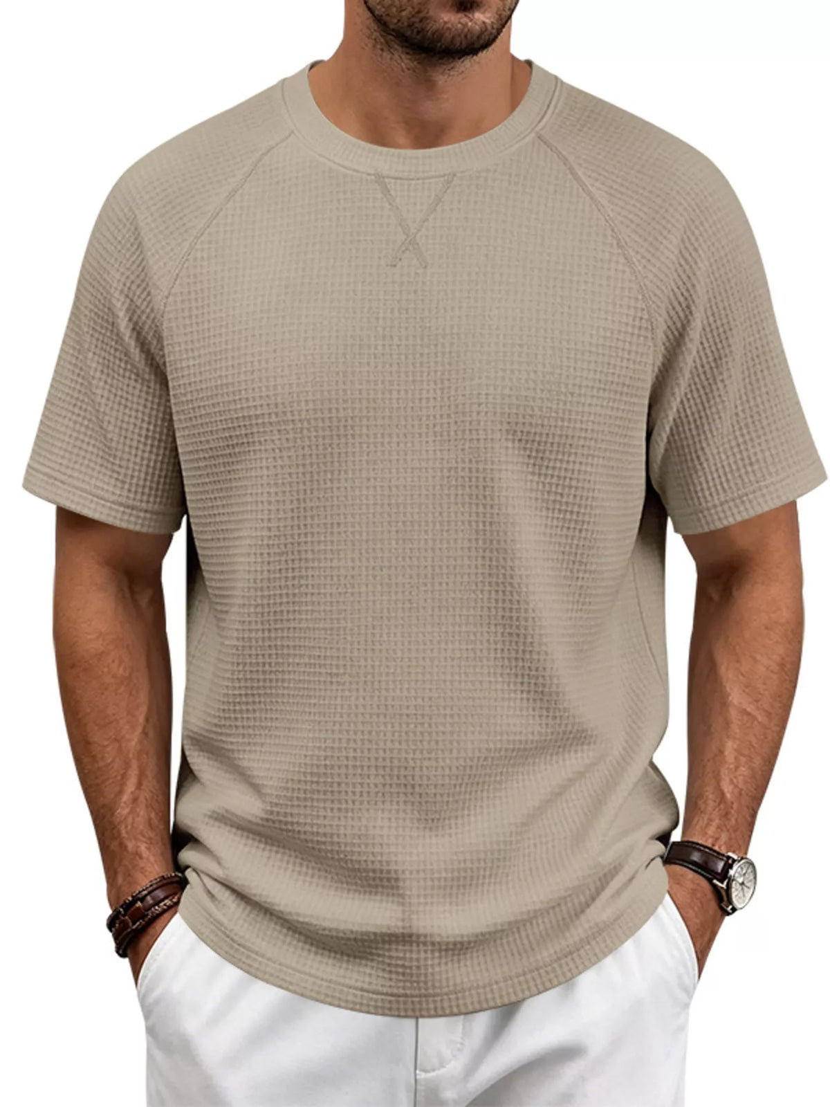 Men's Full Size Waffle Knit Raglan Short Sleeve T-Shirt Plus Size - Lilixa.store