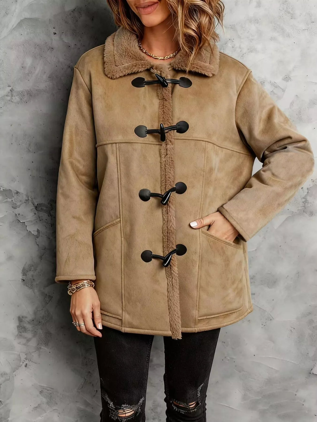 Faux Suede Sherpa Lined Toggle Coat - Lilixa.store