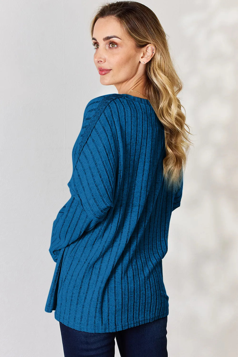 Basic Bae Full Size Ribbed Half Button Long Sleeve T-Shirt - Lilixa.store