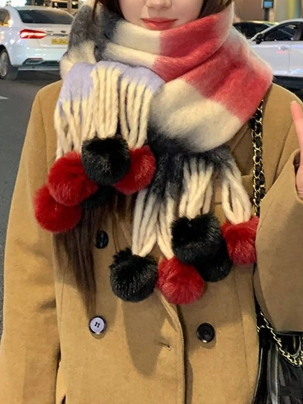 Striped Scarf with Pom-Poms - Lilixa.store