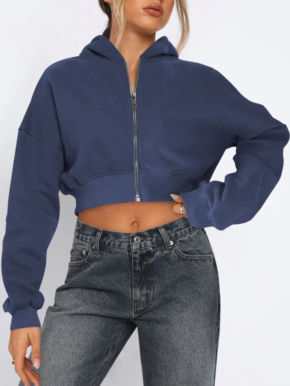Zip Up Long Sleeve Hooded Cropped Jacket in Navy