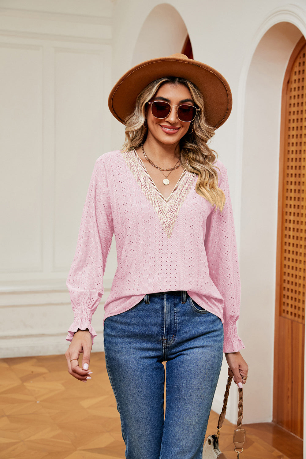 Contrast Flounce Sleeve Blouse, view 2