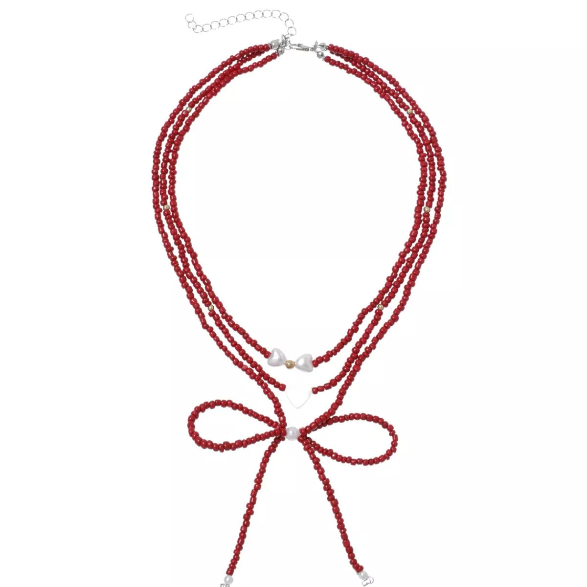 Beaded Bow Necklace with Heart Pendants - Lilixa.store