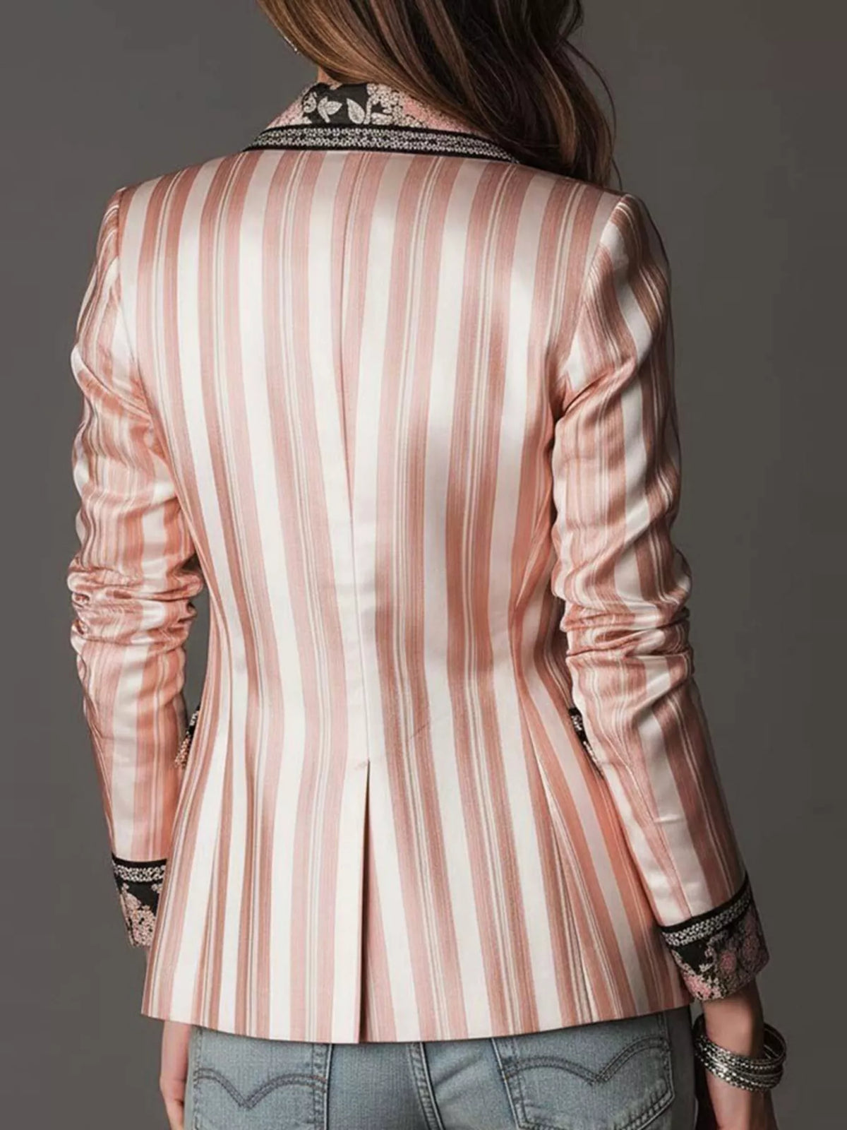 Floral Lapel Collar Striped Blazer - Lilixa.store