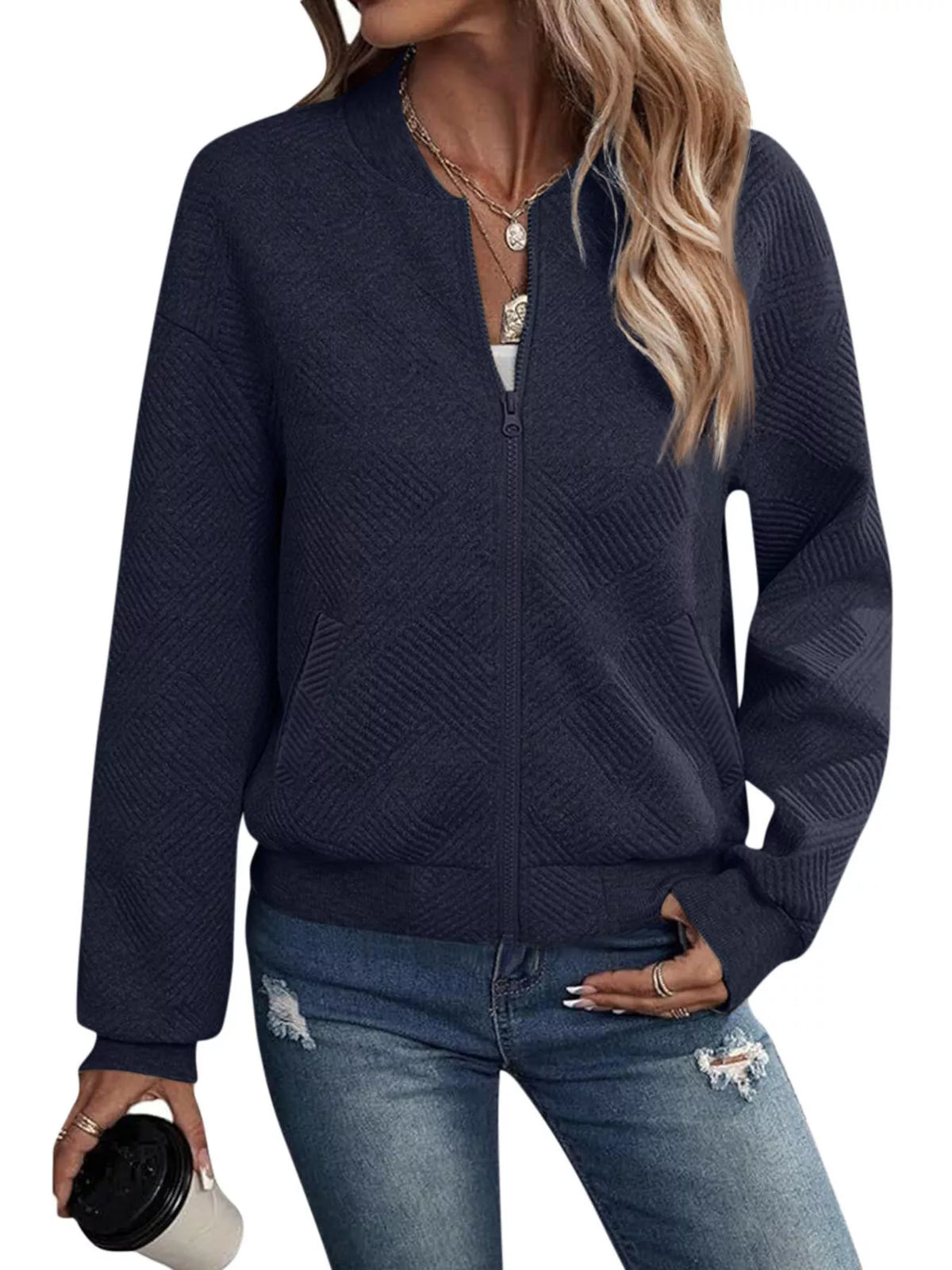 Textured Knit Zip-Up Jacket - Lilixa.store