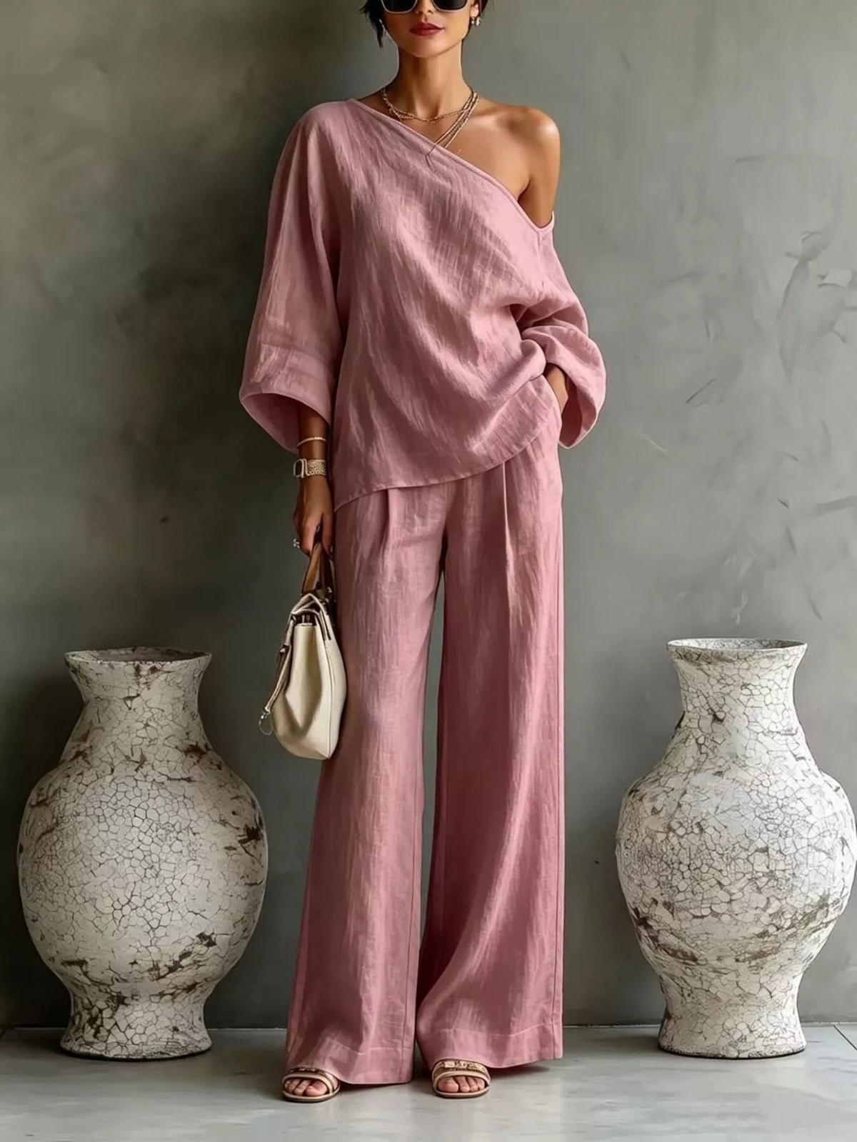 One Shoulder Top and Wide Leg Pants Set - Lilixa.store